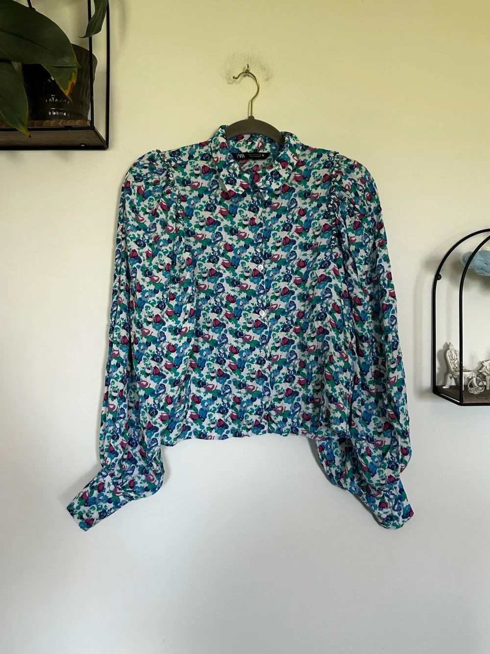 Zara Floral Print Long Puff Sleeve Button Up Shirt Size Small